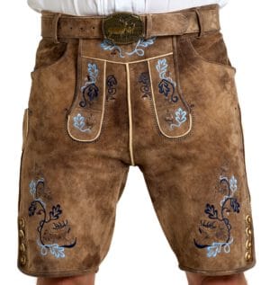 SYMPHONIE WESTERWALD Lederhose Herren kurz aus 100 % Wildbockleder – Dunkelbraun mit Stickerei & Trachtengürtel – Premium Trachtenhose für Oktoberfest & Volksfest (Größe 44–60)